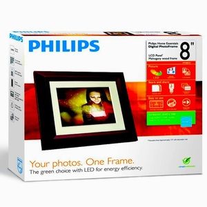 Phillips Mahogany Wood 8 Inch LED Digital Photo Frame Clock Calendar USB / Card